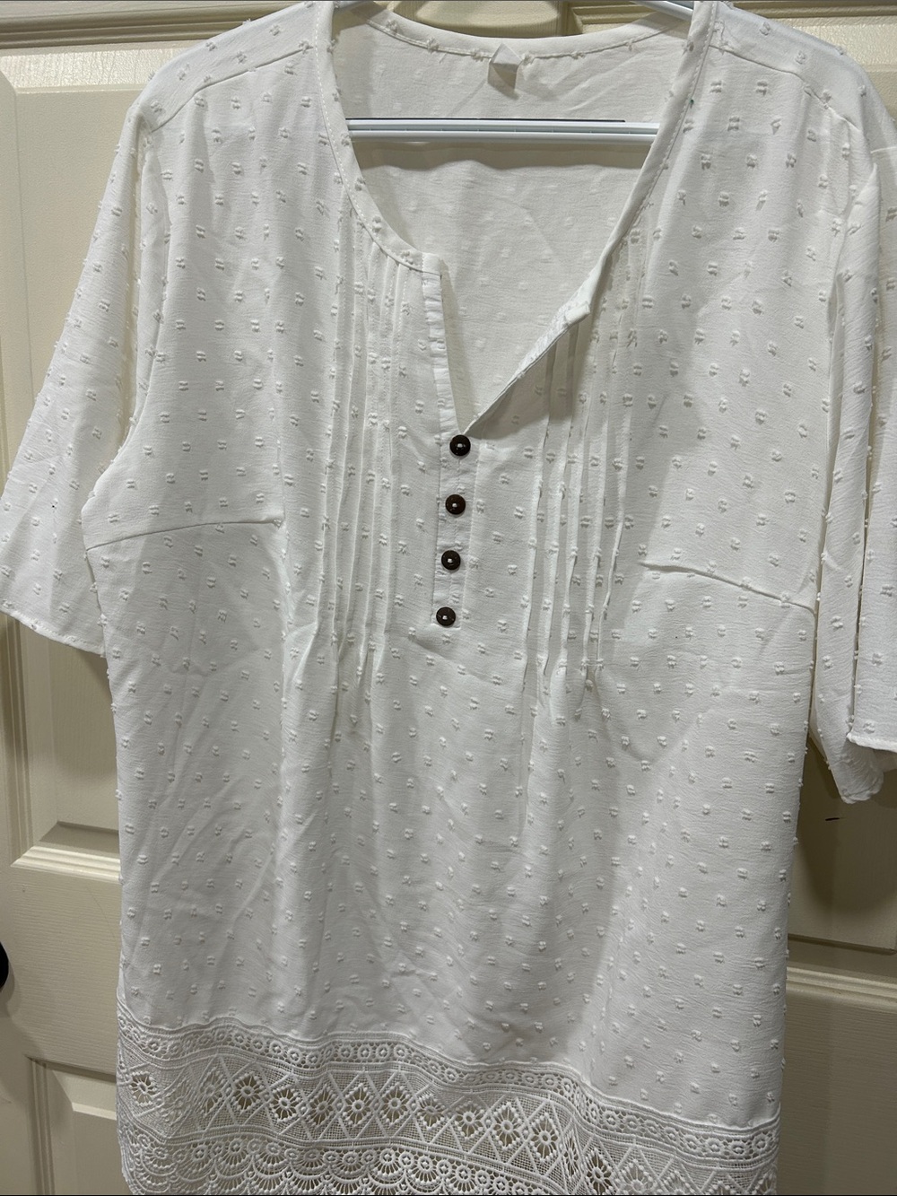 White Swiss-Dot Lace-Hem Pintuck Henley Blouse